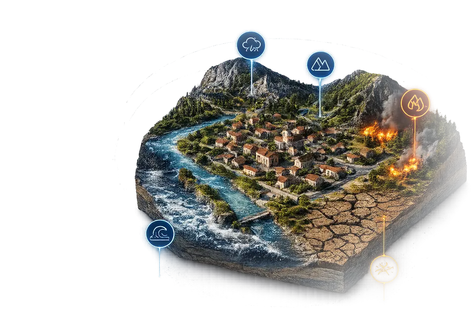 Illustration d'une commune exposée à plusieurs risques naturels : inondation, sécheresse, mouvement de terrain, incendie.
